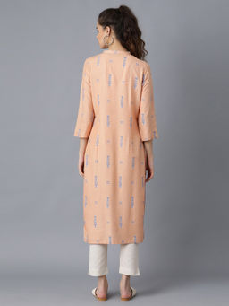 W - Peach High Neck Printed Kurta