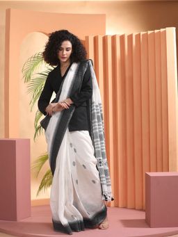 Beatitude - White Woven Linen Saree with Unstitched Blouse