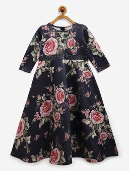 Ahalyaa Kids - Girls Navy Blue Digital Print Floral Dress