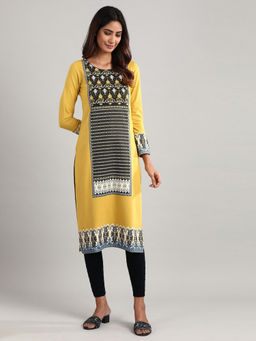 Aurelia - Yellow Round Neck Winter Kurta