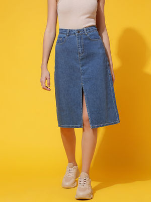Voguable Vintage Blue Straight Denim Skirt American Retro Aesthetic Chic Stitch Cargo Mid Skirts Y2K Streetwear Grunge New