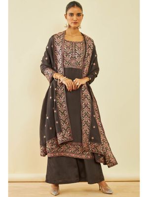 Premium Chinon Silk Embroidered Top Palazzo Dupatta Set with Dual Tone Chevron Print main image 1