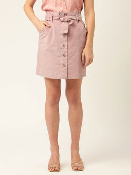 ELLE - Women Pink Solid Pure Cotton A-line Above Knee-length Skirt With Attached Belt
