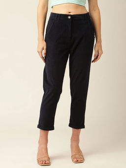 ELLE - Women Navy Blue Cotton Trousers