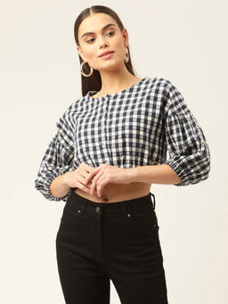 ELLE - Black White Checked Regular Cotton Crop ToP