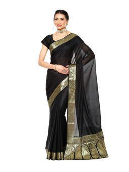 Banarasi Silk Works - Black Valkalam Zari Anchal Border Art Saree with Unstitched Blouse
