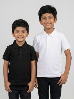 KiddoPanti - Boys Black and White Solid Cotton Polo T-Shirt (Pack of 2)