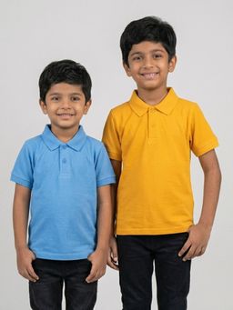 KiddoPanti - Boys Yellow and Blue Solid Cotton Polo T-Shirt (Pack of 2)