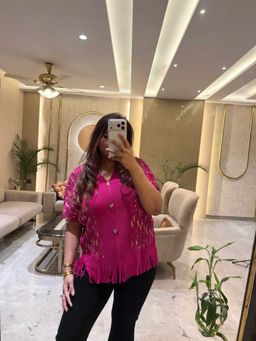Loveable Creations By Muskan - Pink Fringe Whisper Pleated Top