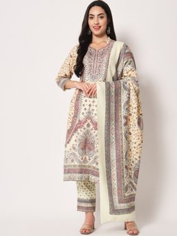 Zamour - Acro Wool Kalamkari Unstitched Dress Material-Beige (Set of 3)