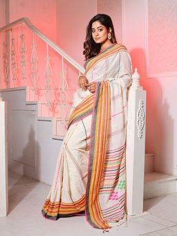 CHARUKRITI - White Cotton Handspun Handwoven Saree with Stripes Pattern with Unstitched Blouse