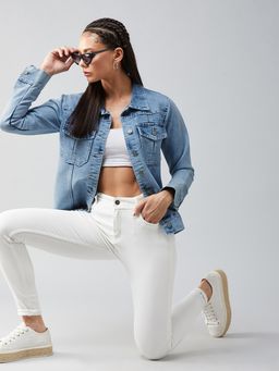 DOLCE CRUDO - Light Blue Collared Full Sleeves Solid Buttoned Denim Jacket