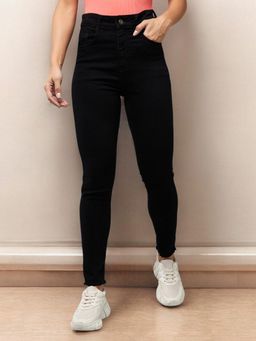 DOLCE CRUDO - Womens Black Skinny Fringed High Rise Cropped Stretchable Denim Jeans