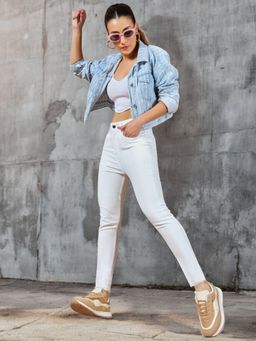 DOLCE CRUDO - Womens White Skinny Fit High Rise Cropped Stretchable Denim Jeans