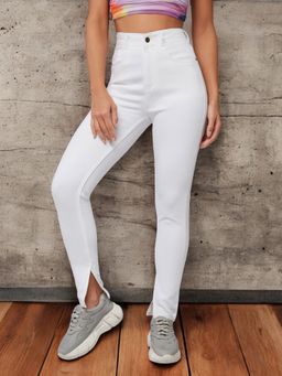 DOLCE CRUDO - Women White Skinny Mid Rise Side Slit Stretchable Denim Jeans