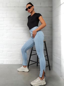 DOLCE CRUDO - Women Light Blue Skinny High-Rise Distressed Cropped Denim Jeans