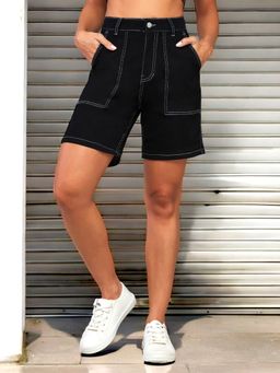 DOLCE CRUDO - Women Black Regular High Rise Above Knee Stretchable Denim Shorts