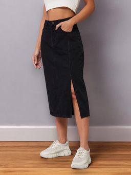 DOLCE CRUDO - Women Black Straight Fit High Rise Stretchable Denim Midi Skirt