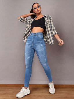 DOLCE CRUDO - Womens Blue Skinny High Rise Mild Distress Stretchable Jeans