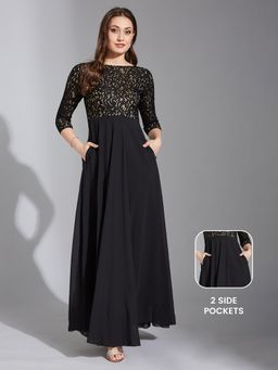 LIFE WITH POCKETS - Women's Black Self Design Georgette Fit And Flare Maxi Length Dress