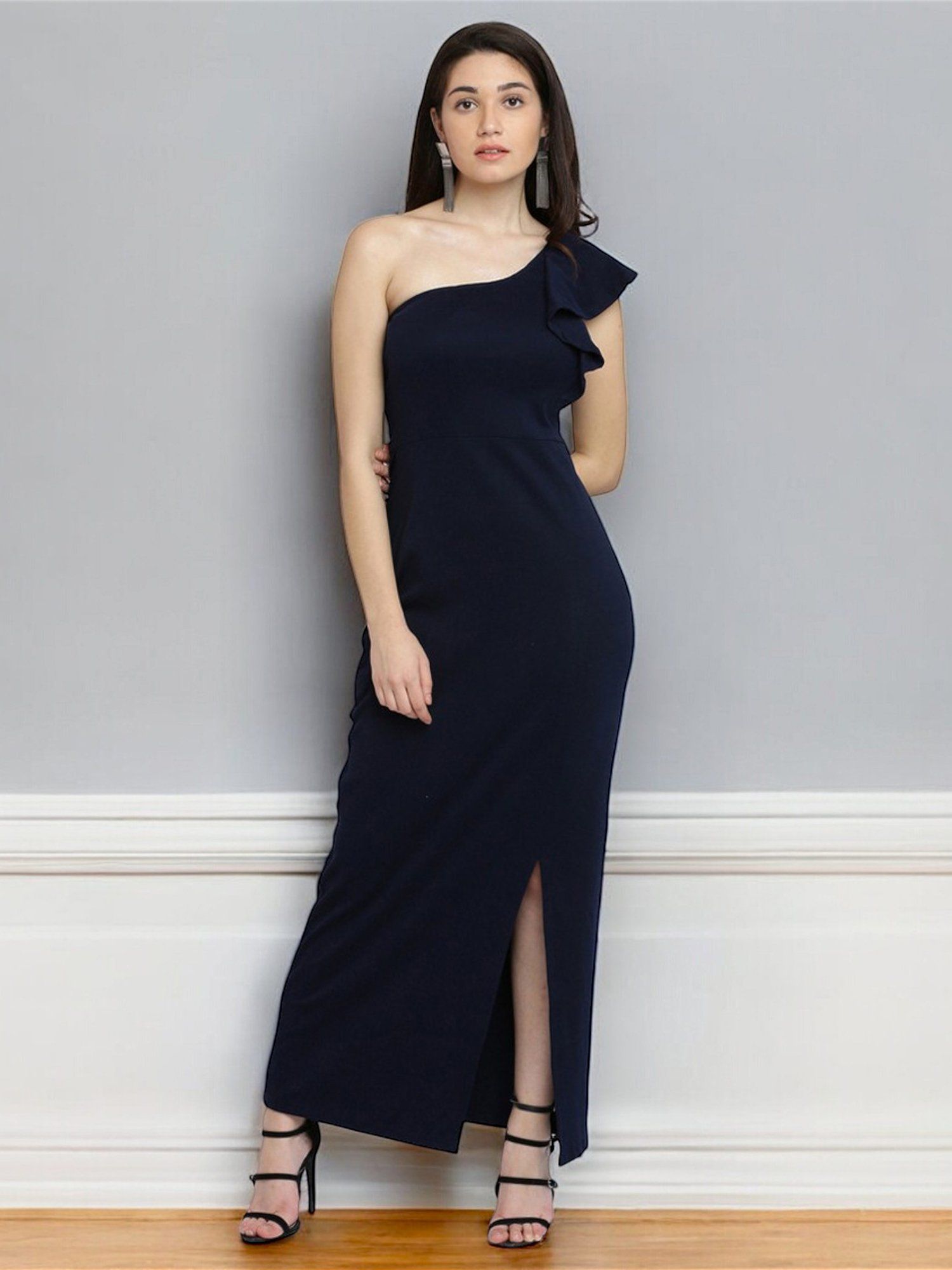 miss chase Women's Navy Blue Solid One Shoulder Sleeveless Ruffled Maxi Party Dress-picture-15