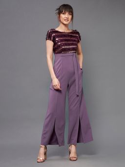 Miss Chase - Women's Purple Front Slit Fringed All That Glitter Party Jumpsuit
