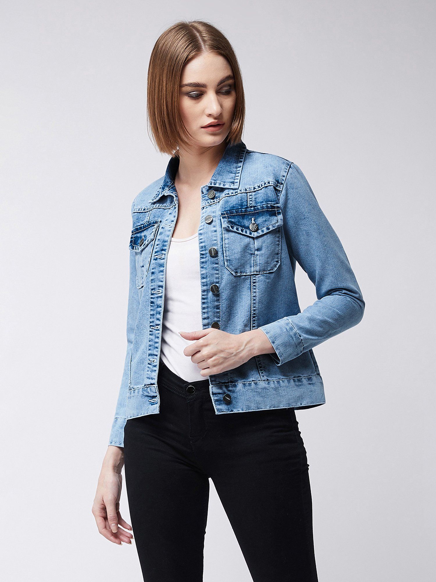 Womens Light Blue Collared Full Sleeves Solid Buttoned Denim Jacket-image-31