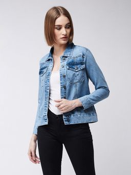 Miss Chase - Womens Light Blue Collared Full Sleeves Solid Buttoned Denim Jacket