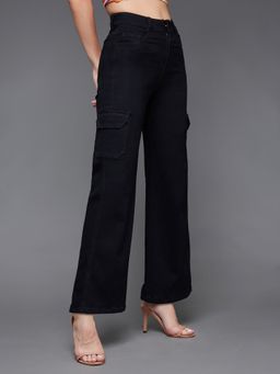 Miss Chase - Womens Black Wide Leg High Rise Clean Look Stretchable Denim Jeans
