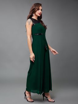 Miss Chase - Women's Green Relaxed Fit Sleeveless Ankle-Length Party Jumpsuit