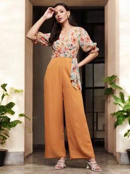 Miss Chase - Women Orange V-Neck Puff Sleeve Floral Patterned Wrap Jumpsuit