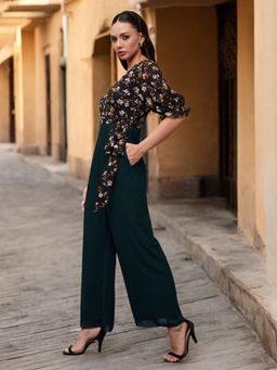 Miss Chase - Women Black V-Neck Puff Sleeve Floral Wrap Jumpsuit