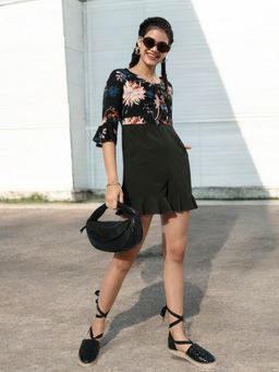 Miss Chase - Women Black V-Neck 3/4 Sleeve Floral Ruffled Mini Playsuit
