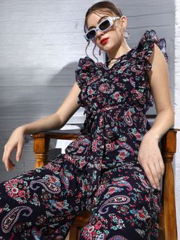 Miss Chase - Women Black Keyhole Neck Floral Wide Leg Jumpsuit