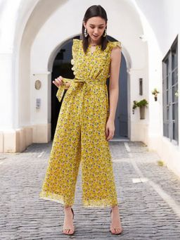 Miss Chase - Women Yellow Keyhole Neck Floral Wide Leg Jumpsuit