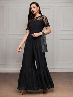 Miss Chase - Womens Black Round Neck Laced Regular Jumpsuit