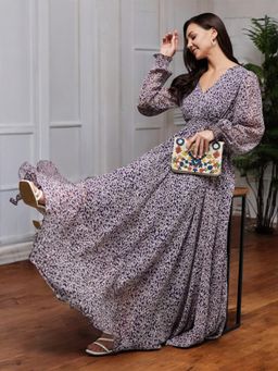 Miss Chase - Women's Purple V-Neck Floral Print Gathered Maxi Dress