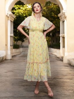 Miss Chase - Women's Yellow V Neck Floral Print Wrap Maxi Dress