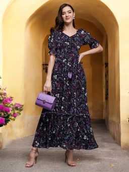 Miss Chase - Women's Black Sweetheart-Neck Floral Print Maxi Dress