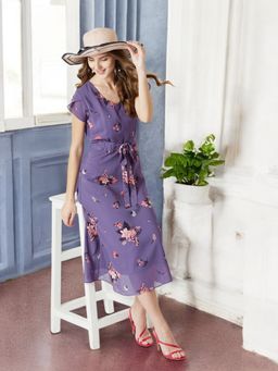 Miss Chase - Women's Lavender V-Neck Floral Print Pleated Midi Dress