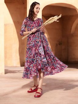 Miss Chase - Multi-Color Women's Multicolored V-Neck Wrap Midi Dress