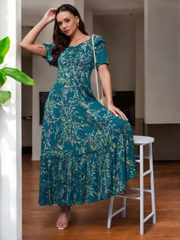 Miss Chase - Women's Teal Sweet-Heart Neck Print Ruching Maxi Dress