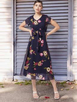 Miss Chase - Women's Navy Blue Floral Print Pleated Midi Dress