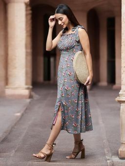 Miss Chase - Women's Grey Tie-Up Sleeveless Floral Print Midi Dress