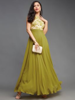 Miss Chase - Womens Green Sleeveless Georgette Maxi Dress