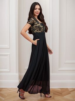 Miss Chase - Women Black Self Design Maxi Dress