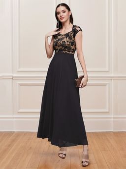 Miss Chase - Women Black Self Design Maxi Dress