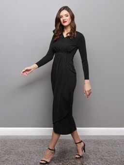 Miss Chase - Women Black Self Design Midi Dress