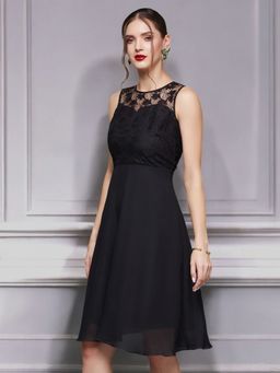 Miss Chase - Women Black Self Design Knee Length Dress