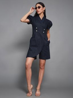 Miss Chase - Women's Navy Blue Half-Sleeve Overlapped Knee-Long Playsuit